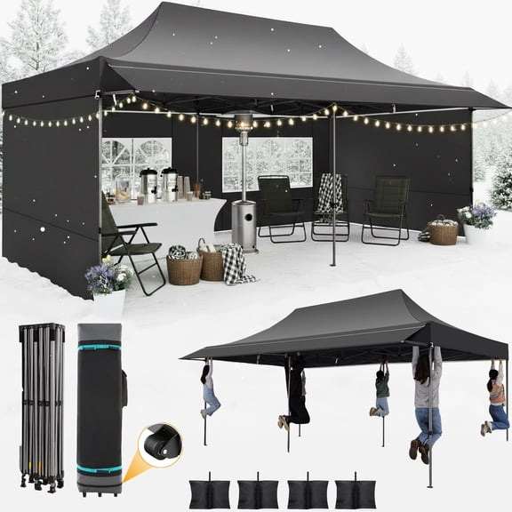 COBIZI 10x20 Pop Up Canopy, Heavy Duty Full-Truss Party Tent, Removable Awning & 4 Sidewalls, 420D PU Oxford, Waterproof, UPF 50 , 600D PVC Roller Bag, Black