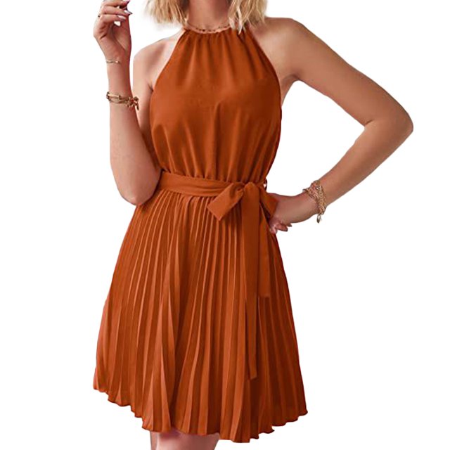 Vestido de sol de cuello halter de color sólido para cóctel para mujeres (marrón L) FLhrweasw Para estrenar