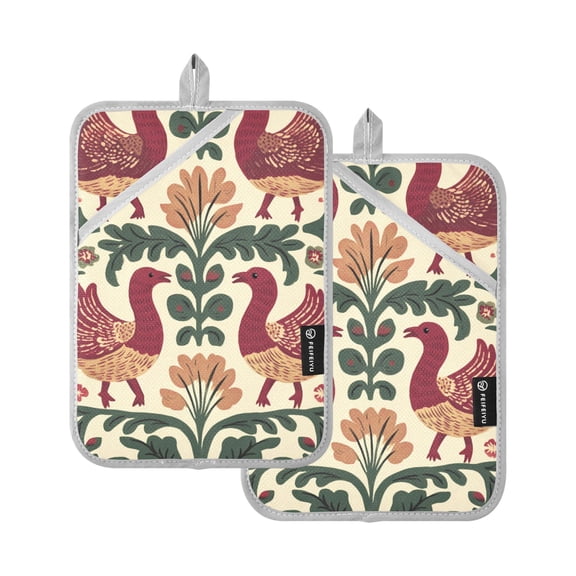 Decorative Birds and Foliage Oven Mitts Pot Holders 2 pcs Heat Resistant for Kitchen Baking Grilling