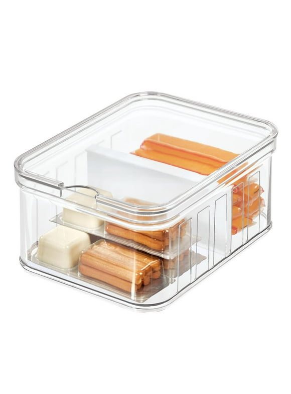 iDesign Plastic Refrigerator and Pantry Divided Bin, Modular Stacking Food Storage Box for Freezer, 8" x 6" x 4", Clear and White