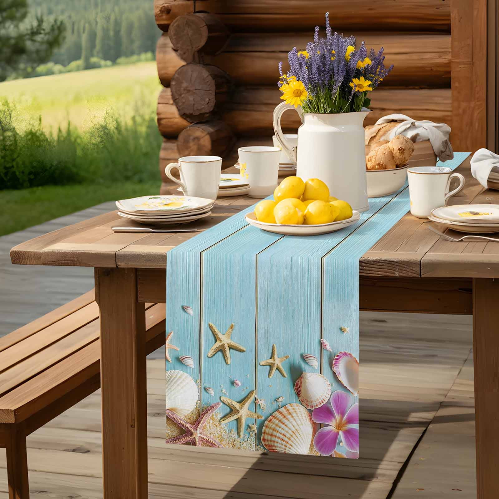 Summer Shell Starfish Flower Table Runner 90 Inches Long, Farm Blue Wood Board Table Runners Tabletop Scarf Kitchen Dining Tables Decoration for Home Party Indoor Outdoor