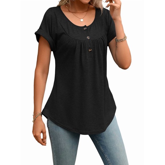 Women's Tops Dressy Casual Blouses Short Sleeve Shirts Clothing Summer Outfits Button Pleated Front Black S