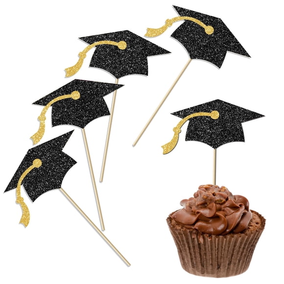 Gybeizhu 24 Piezas de Adornos para Cupcakes de Graduación en Negro y Dorado con Brillo