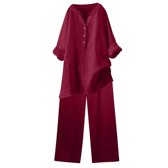 Paiyanr Cotton Linen Sets for Women Summer Breathable Tops Pants 2 Piece Outfits Solid Color Loose Casual Two Piece Suit