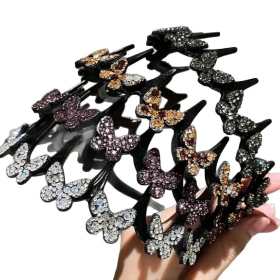 4PCSButterfly Crystal Headbands for Women Non Slip, Wave Rhinestone Headbands for Women's Hair, Grey Glitter Fashion Hair Accessories, Elegant Comb Headband with Teeth(wxx)