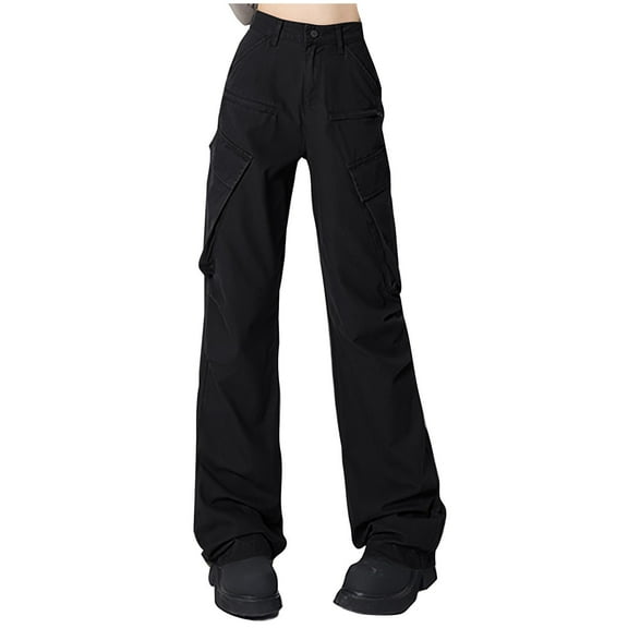 Kmdttou Women Plus Size Flap High Waisted Work Pants Multi-Pockets Versatile Straight Leg Pants Trousers