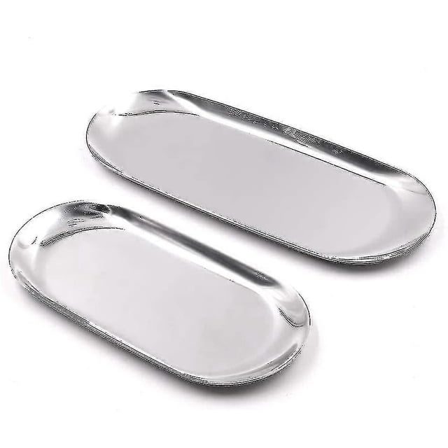 Set Of 2 Silver Stainless Steel Oval Trays For Storing Napkins. Tea. Fruits