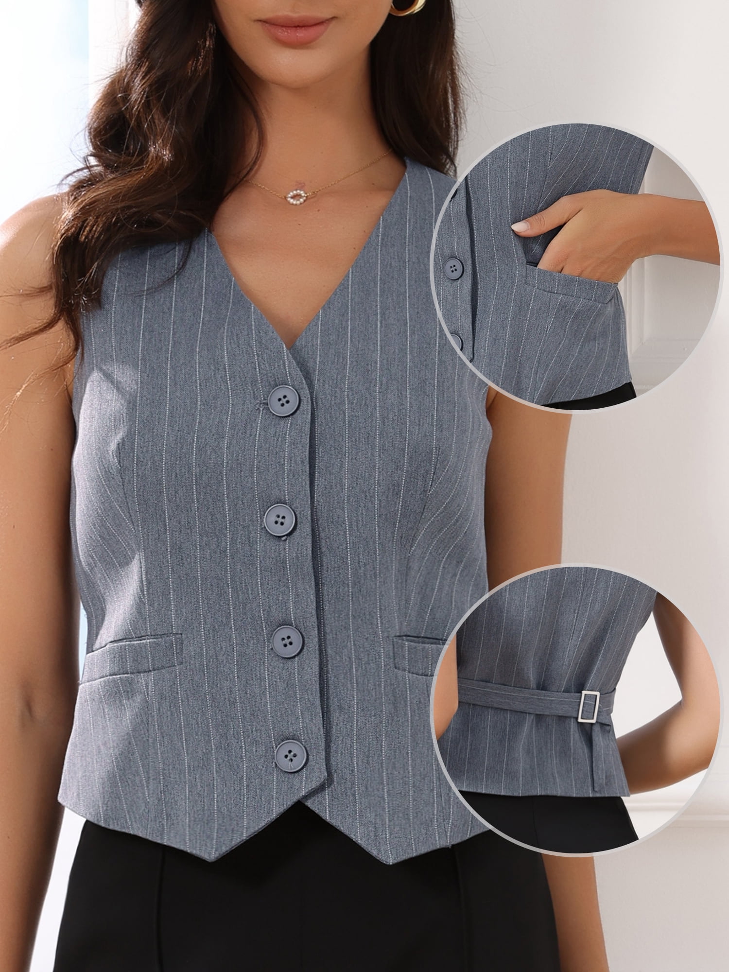 DARING DIVA Women's V Neck Sleeveless Button Down Striped Trendy Waistcoat S Grey