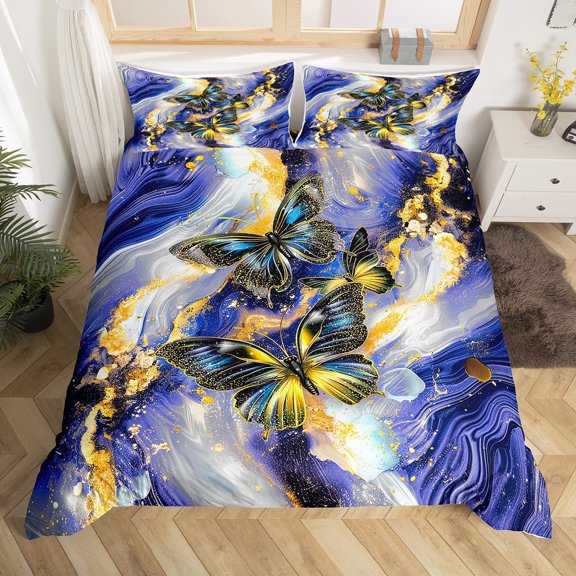 Navy Blue Marble Duvet Cover Set Black Butterfly Queen Bedding Sets,Rustic Animal Dreamy Butterflies Room(No Comforter)