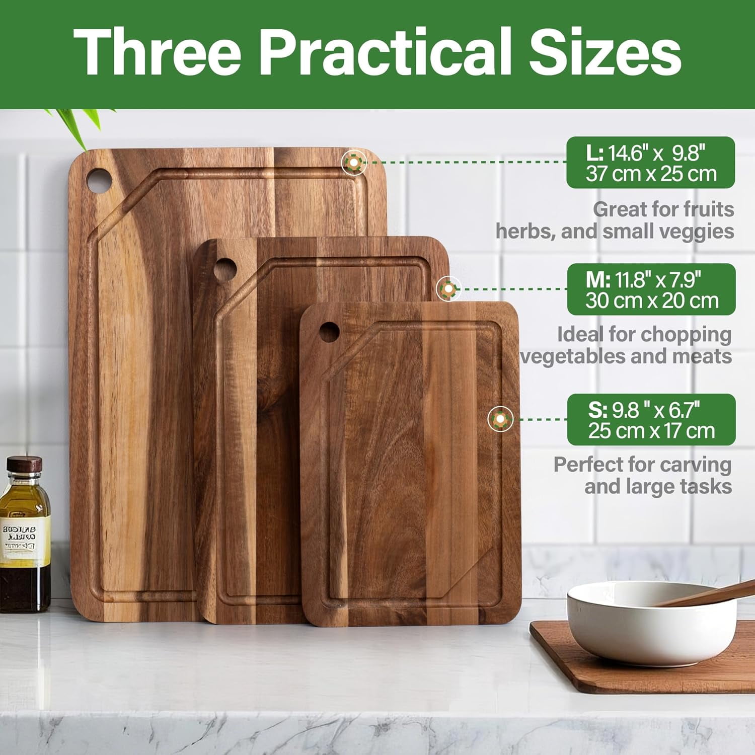Wood Cutting Board For Kitchen, Acacia Wood Cutting Board Set of 3 with Juice Groove, Double-Sided Chopping Board Serving Board with Hanging Hole for Meat, Vegetables and Cheese