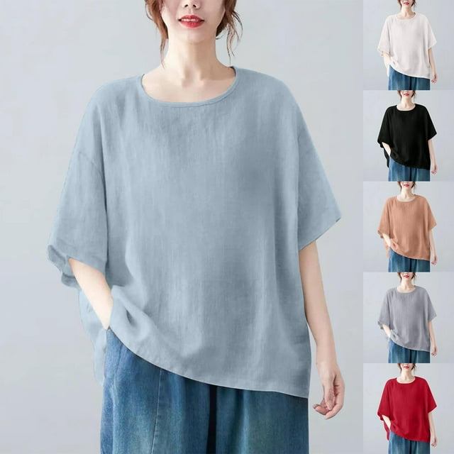 SYVGVA Womens Summer Short Blouse,Womens Plus Size Top,Womens Solid Color Imitation And Linen Shoulder Down Short Sleeved Round Neck Hem Slit,Pink,S