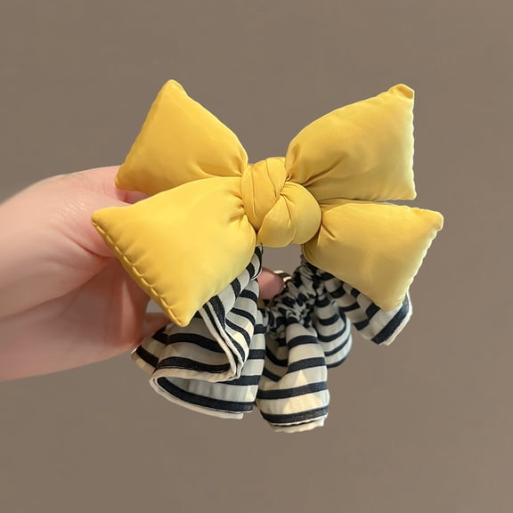Bright yellow cotton filled bow hair band striped ruffled hair rope Korean fashion versatile hair accessories  new headband