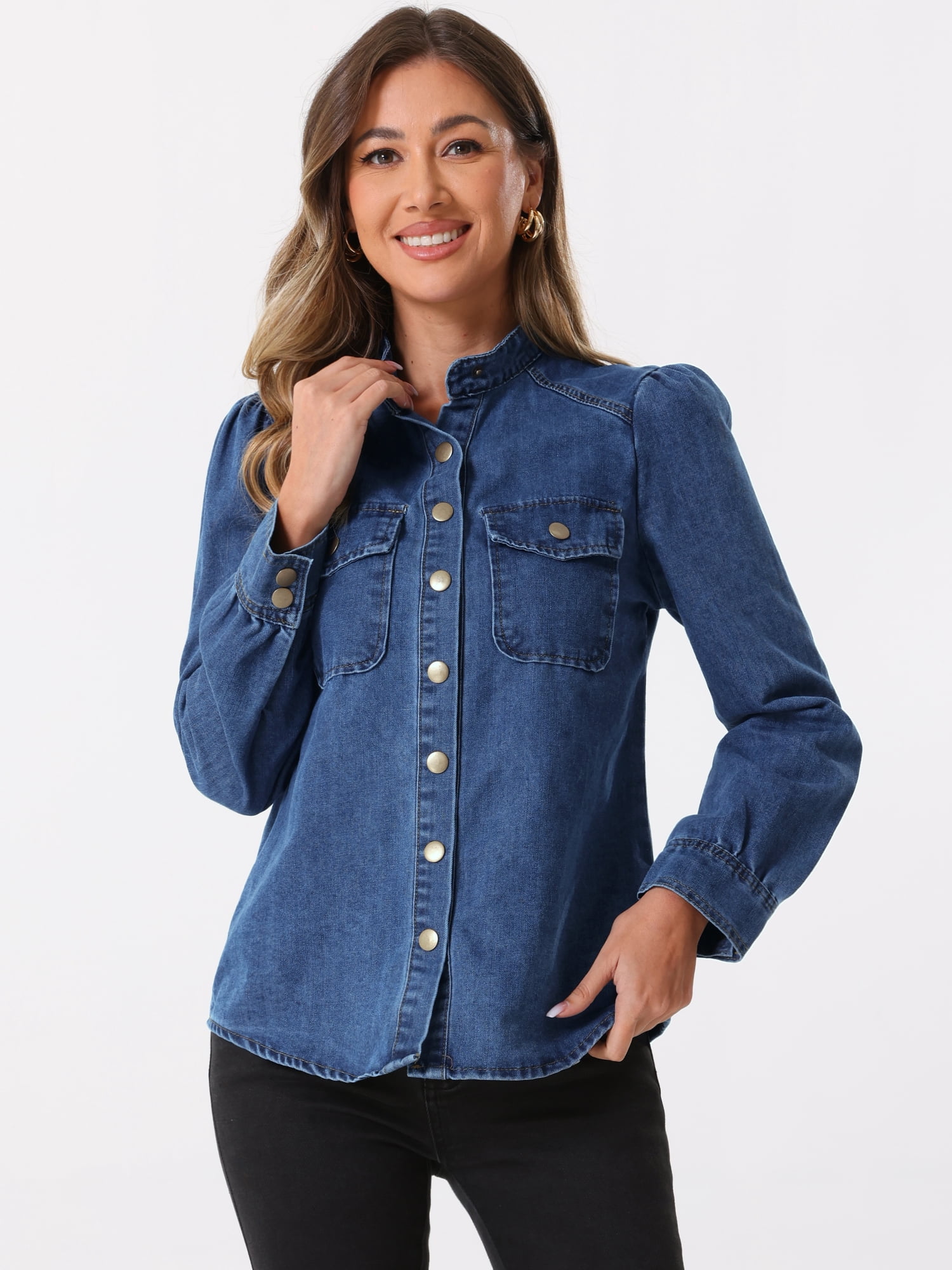 DARING DIVA Women's Puff Long Sleeve Button Down Jean Denim Jackets L Blue