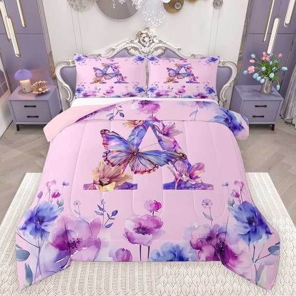 Manfei Letter A Monogrammed Bedding Comforter Set,Watercolor Rustic Flowers Twin Comforter Sets,Cute Butterflies Bedding Set For Girls,Microfiber Room Decorative Reversible,2 Pieces