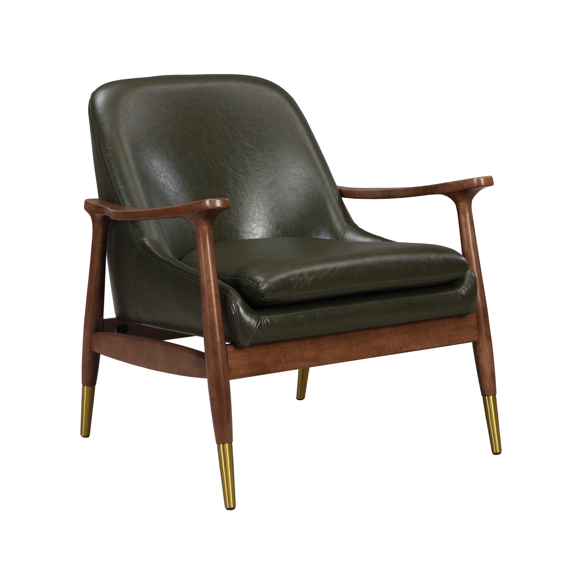 Astrid Mid-Century Modern Accent Chair With Faux Leather Upholstery, Solid Wood Frame, Brass-Tipped Legs, Wasabi Green