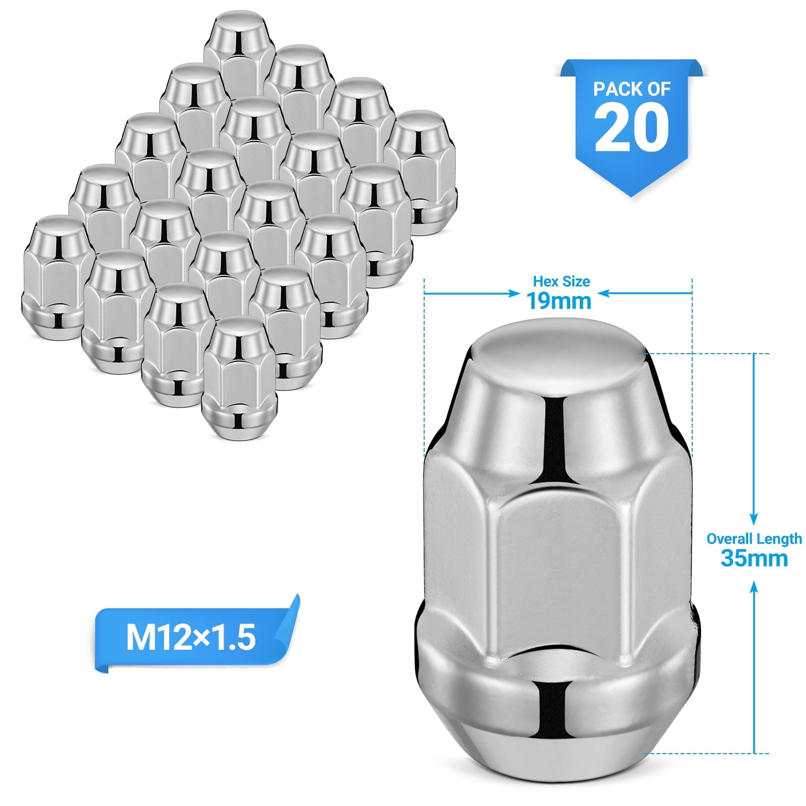 12mmx1.5 Wheel Lug Nuts,20pcs M12x1.5 Lug Nut Silver Chrome Closed End Cone Seat Bulge Acorn Lug Nuts 3/4 inch 19mm Hex 1.4 inch 35mm Tall Compatible with Ford Chevy Mazda Chrysler Dodge GMC