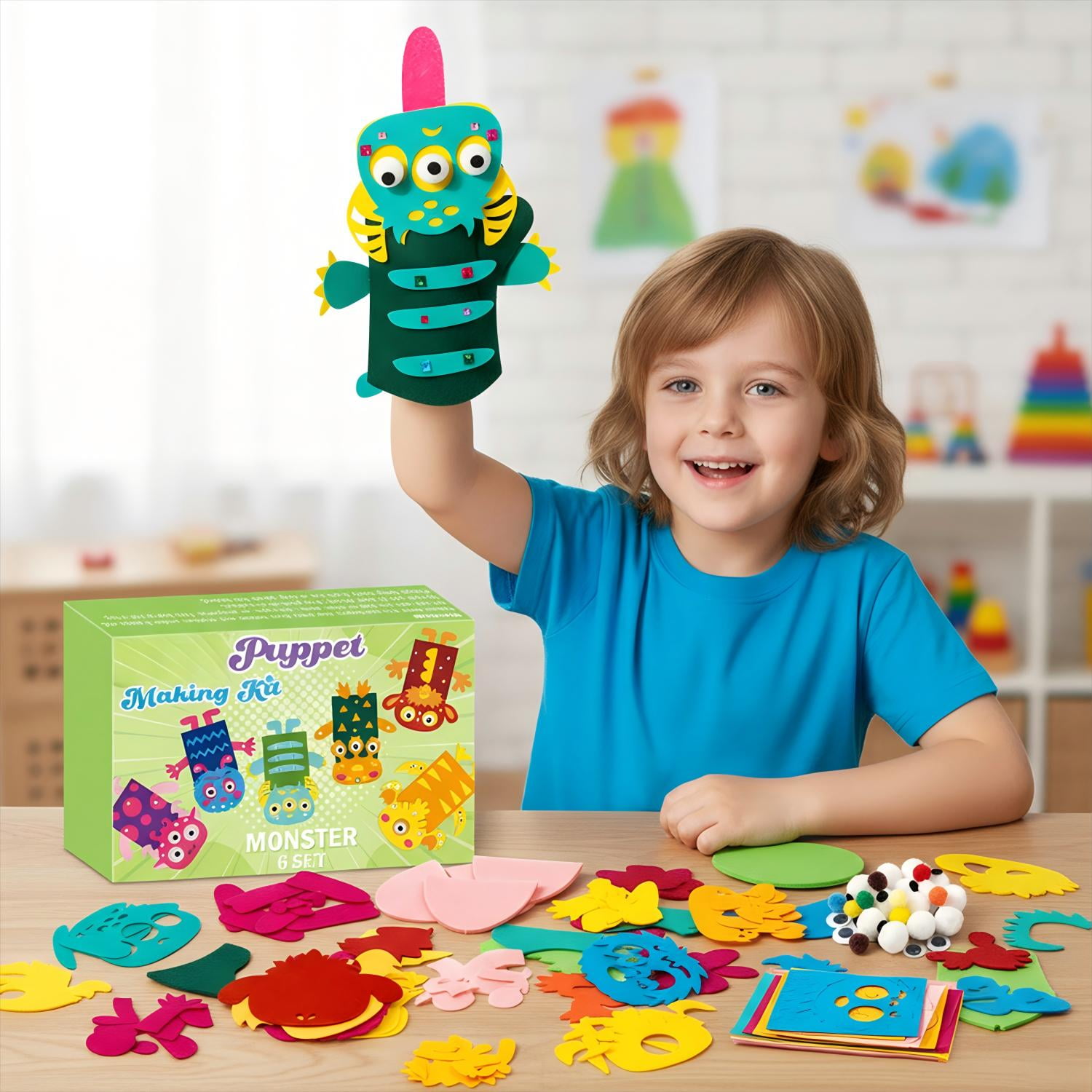 Belanttega 6 Sets Monster Hand Puppet Making Kit - Create Your Own Felt Sock Puppet with DIY Materials for Beginner, Creative Gift Supplies