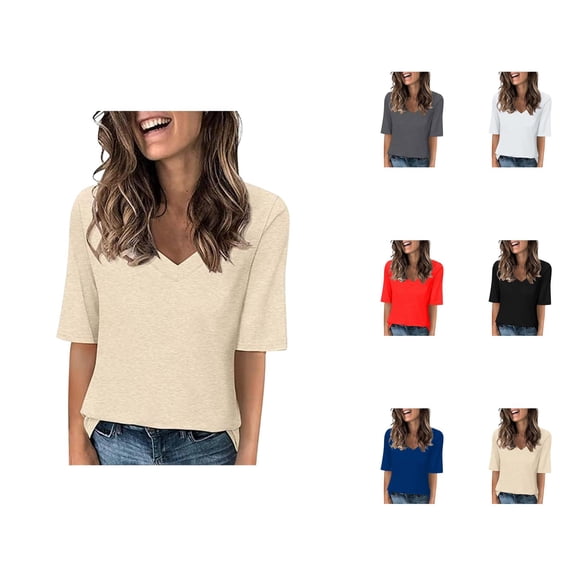 Half Sleeve T Shirts for Women Summer Casual Short Sleeve V Neck Relaxed Fit Plain Basic Tshirts