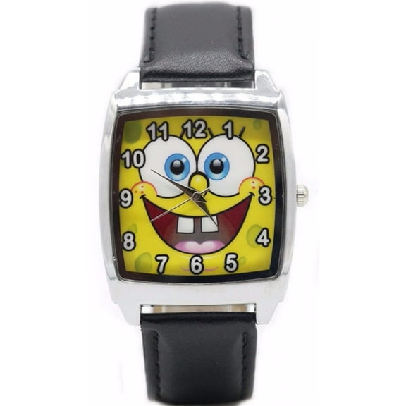 Spongebob Squarepants Character Square Face Black Genuine Leather Band Wrist Watch