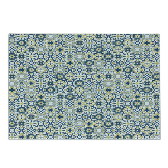 Ethnic Cutting Board, Traditional Moroccan Mosaic Portuguese European Medieval Pattern, Decorative Tempered Glass Cutting and Serving Board, Small Size, Blue Yellow White, by Ambesonne