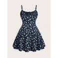 thumbnail image 2 of Navy Blue Floral Print Fit & Flare Mini Dress With Spaghetti Straps And Tie Front, 2 of 8