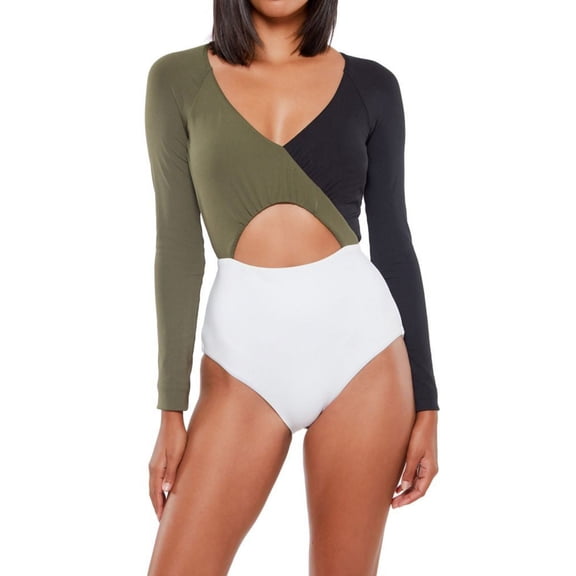 Women's Sanctuary BP21219 Block Party Long Sleeve One Piece Swimsuit (Black/White/Green L)