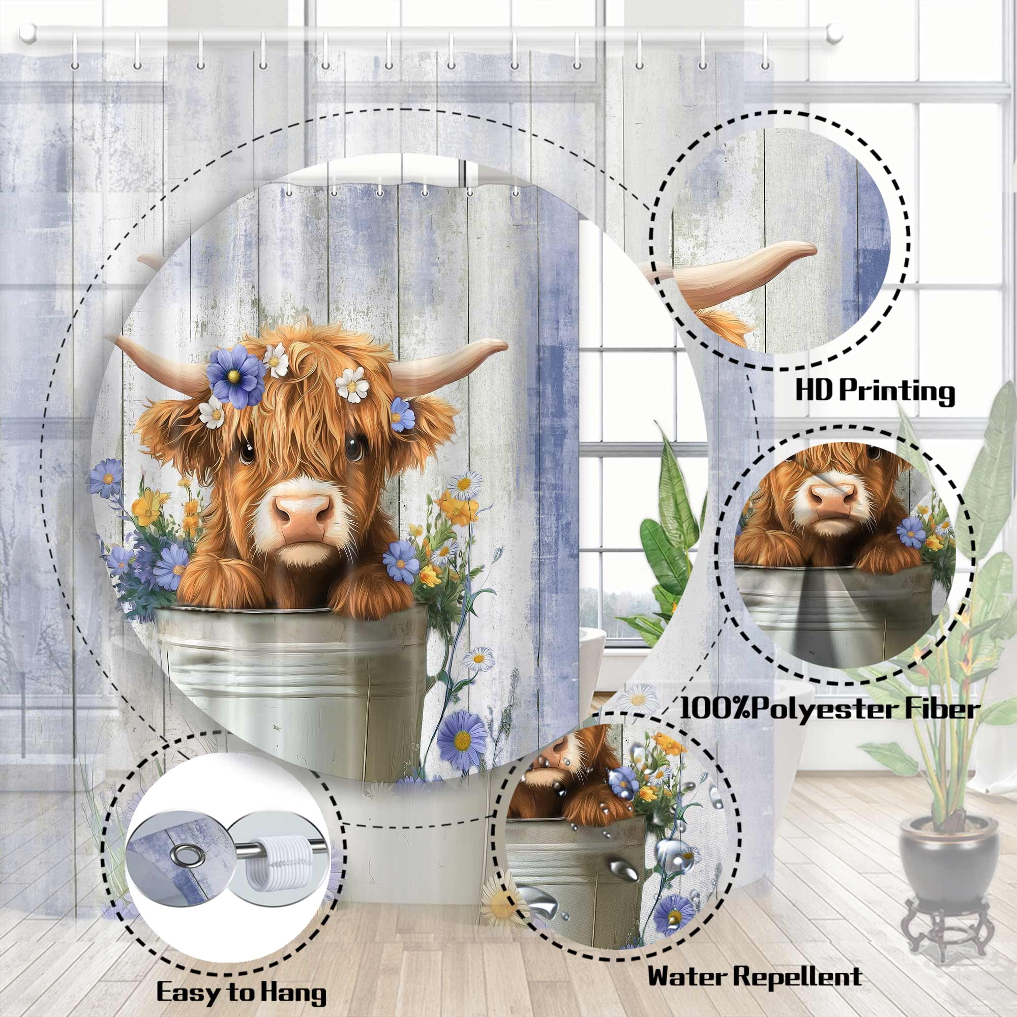 Funny Highland Cow Shower Curtain, Cute Farmhouse Blue and Purple Floral Western Wood Animal Shower Curtain Set, Country Rustic Turquoise Bathroom Accessories Set Decor with Hooks, 60X70in