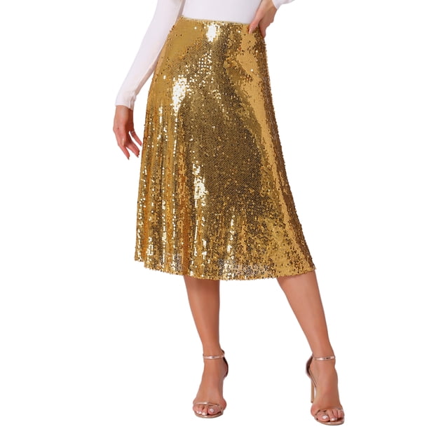 Falda midi de cóctel brillante y con lentejuelas de cintura alta para mujer Inspire Chic M dorada