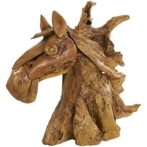 25" x 23" Brown Teak Wood Handmade Horse Sculpture, by DecMode