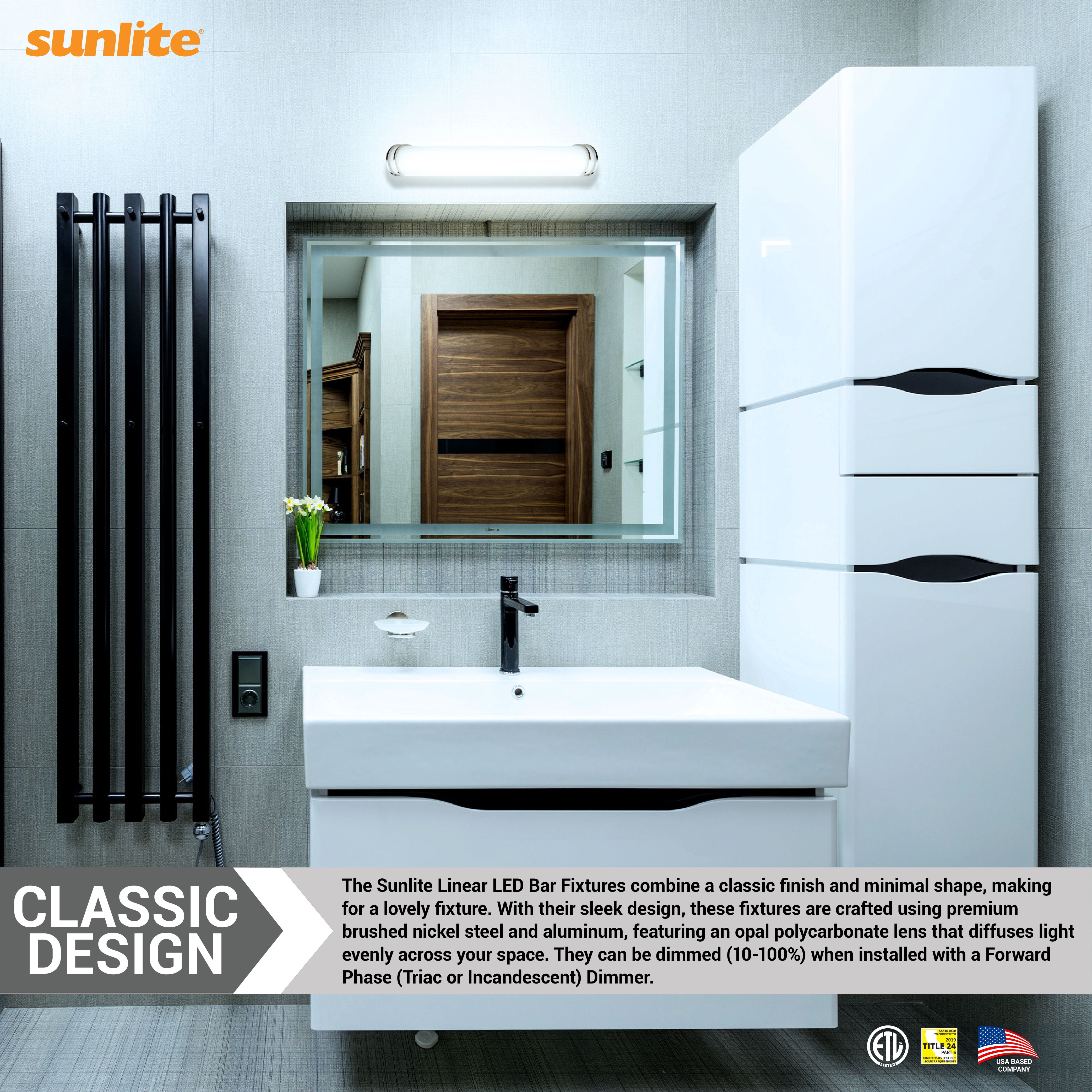 Sunlite 24-Inch Linear LED Bar Vanity Fixture, Power Selectable 15W/20W/25W, 100-277V, 2369 Lumens, Color Selectable 30K/40K/50K, 90 CRI, Dimmable, ETL Listed, Title-24 Compliant