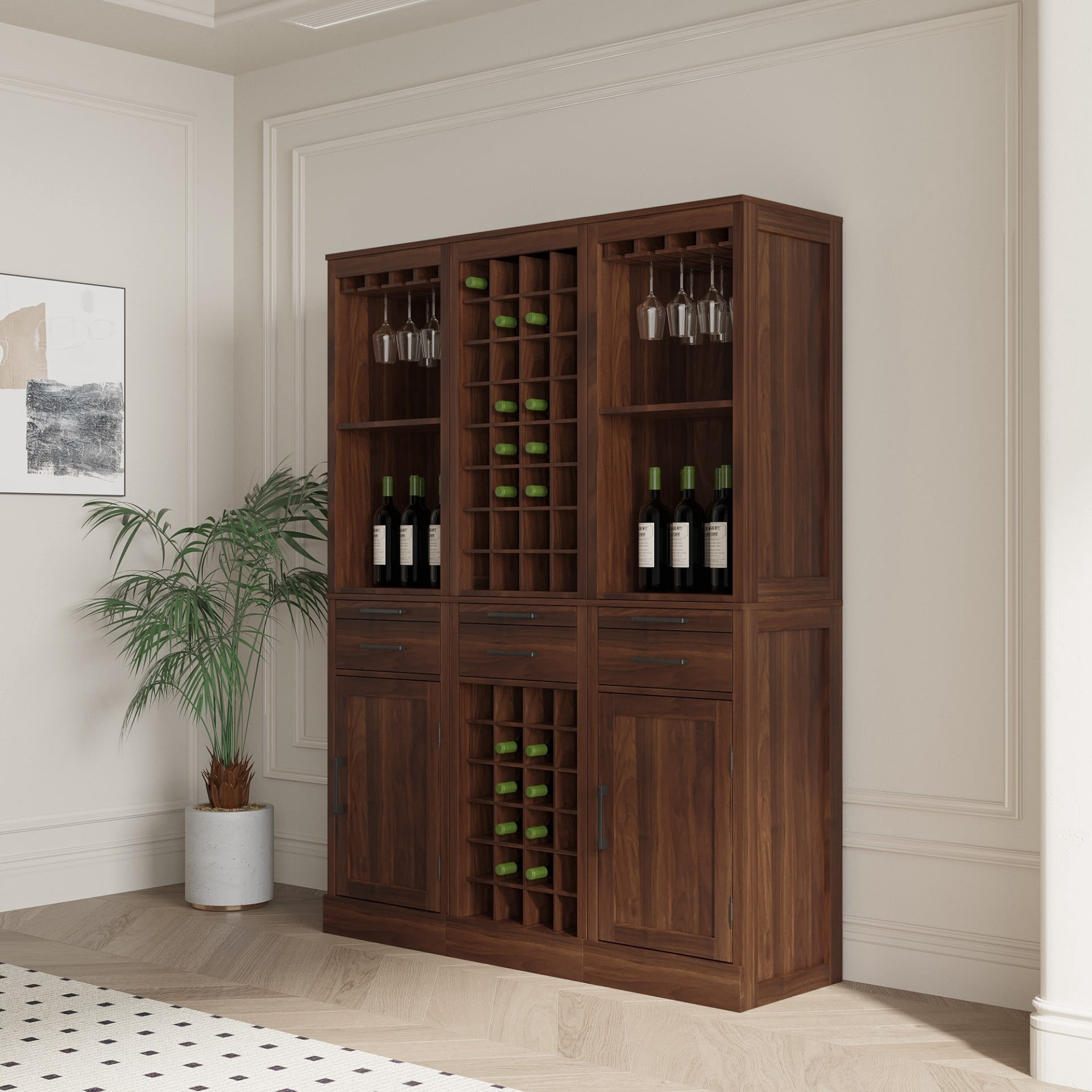 Wine Bar Cabinet 32 Bottle Storage Rack, Freestanding Buffet Cabinet Modular Wine Storage Organizer for Kitchen Dining Room, Walnut