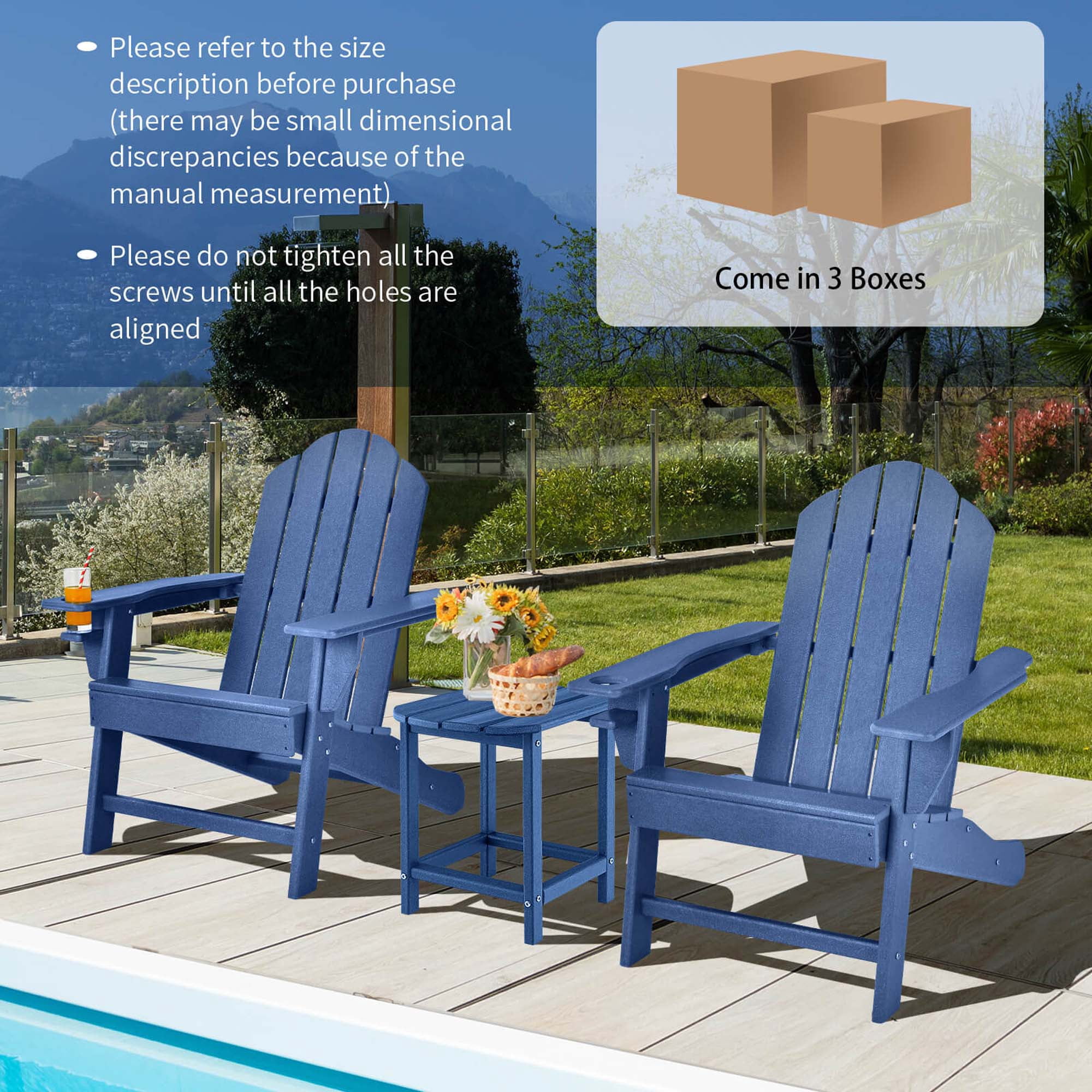Costway 3 PCS Patio Adirondack Chair Side Table HDPE Weather Resistant Cup Holder