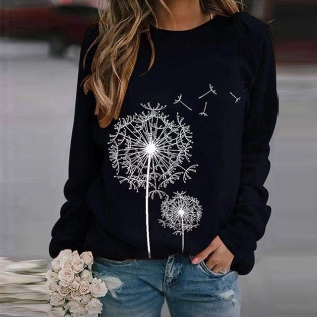 DondPO Sweat à Capuche Graphique pour Femmes Mode Pissenlits Col Rond Imprimé Blouse Manches Longues Chandail en Molleton Noir TG