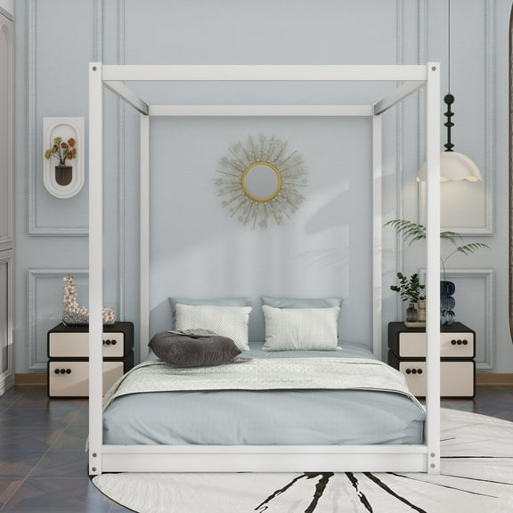 Queen Size Canopy Platform Bed with Support Legs,White