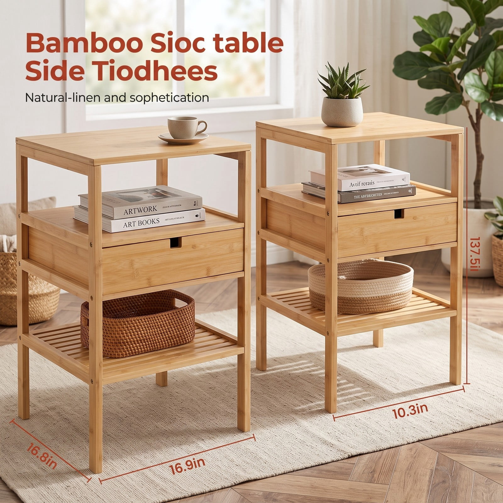 Furnibear Bamboo Nightstand Set of 2 with Storage Drawer and Slatted Open Shelf for Bedroom and Living Room, Wood Bedside Table, Natural
