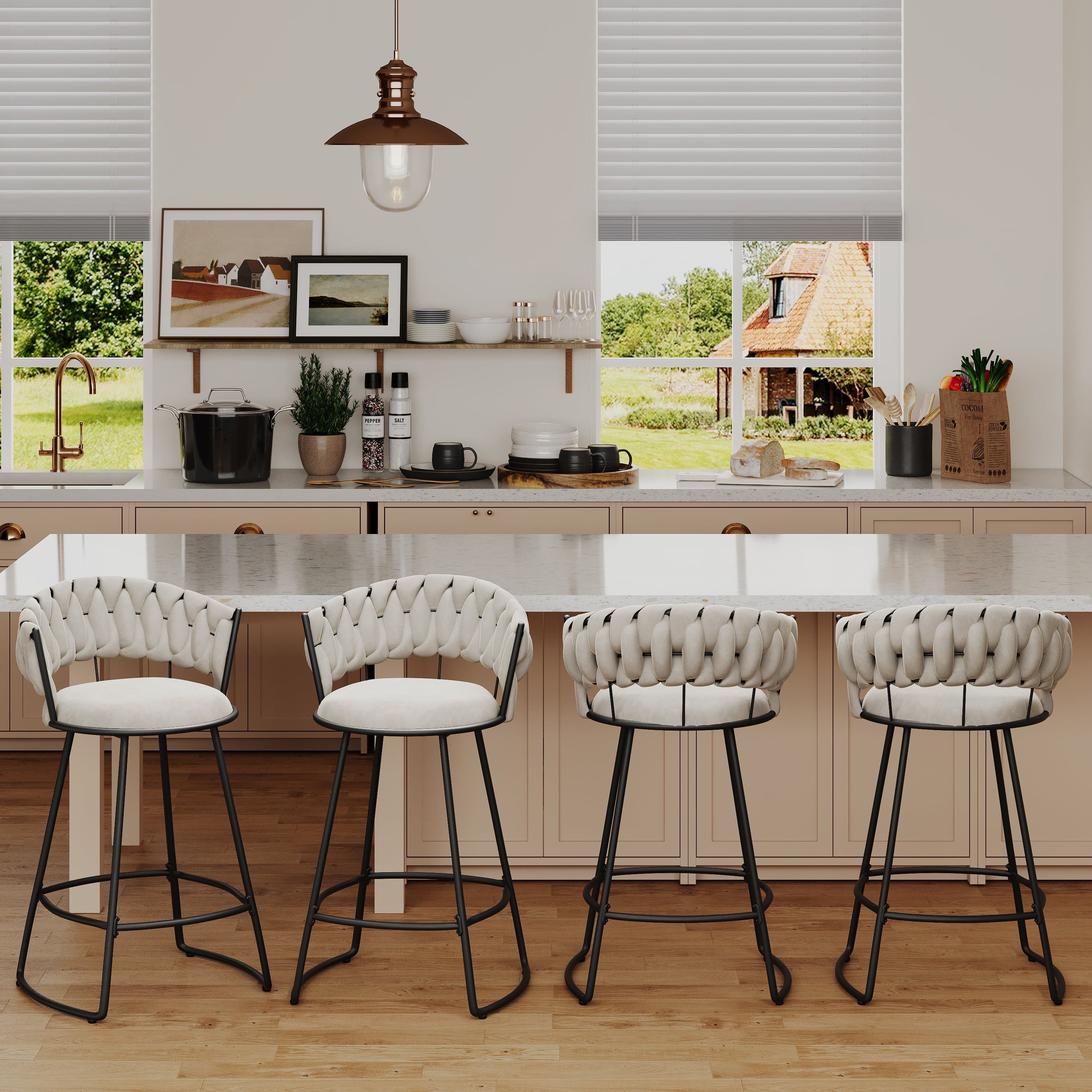 Andeworld 24'' Barstools set of 4, Modern Velvet Bar Stools with Woven Back, Counter Height Barstools with Upholstered Seating, U-Footrest, Ivory