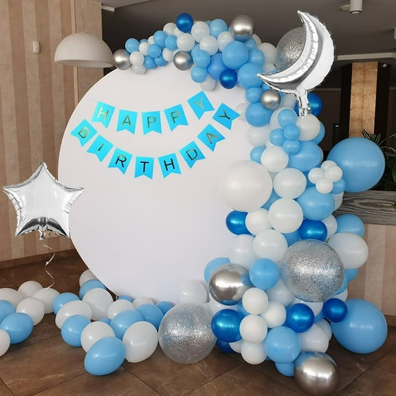 MMTX Sky Blue Birthday Decorations, Light Blue Balloon Garland Kit with Star Moon Foil Balloon Silver White Latex Balloons Banner Tablecloth for Boys Birthday Baby Shower Party