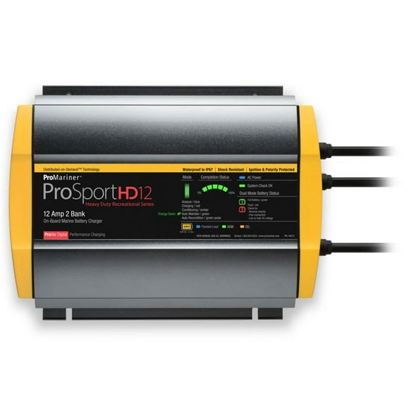 Pro Mariner Battery Charger 44012 ProSportHD12; For 12 Volt/24 Volt Marine Batteries; 2 Bank Charger; 120 Volt Power Supply; 5 Step Fully Automatic; 12 Amp Charging Current; Waterproof