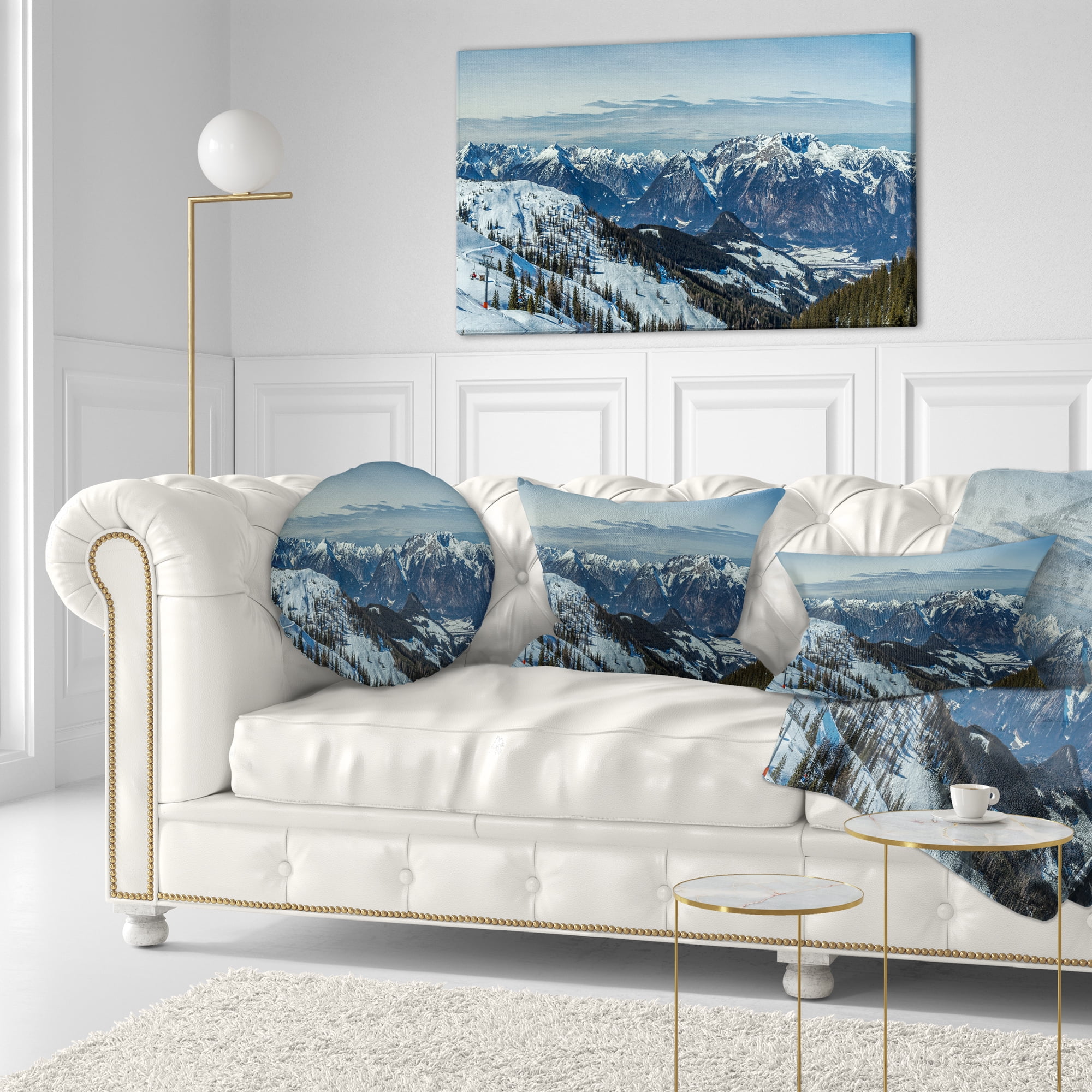 Designart White Ski Slope Panoramic View - Landscape Printed Throw Pillow - 12x20