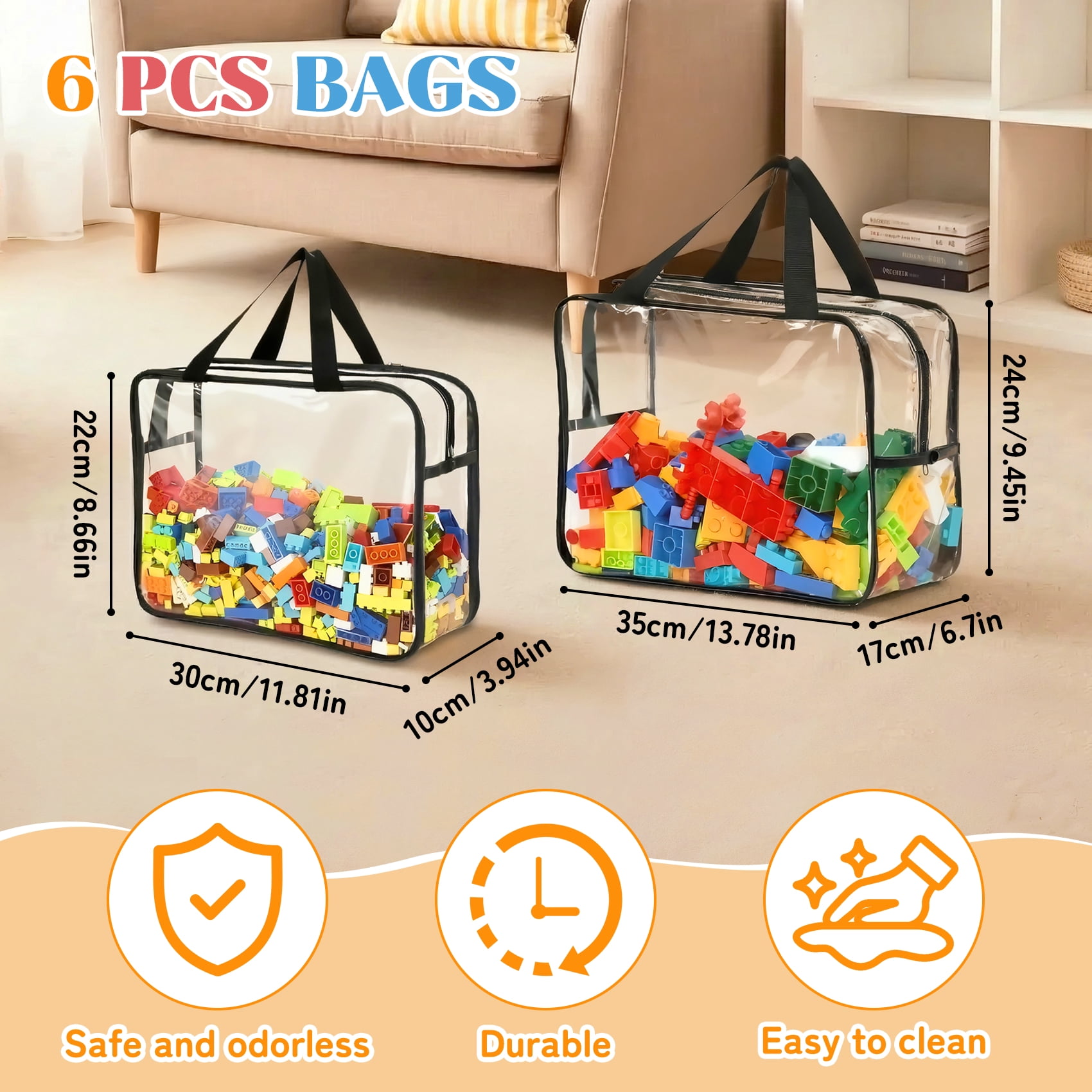 6 Pack Clear Toy Storage Bags with Carry Handles, 2 Sizes Zippered Storage Organizer Bins for Legos Puzzles Board Games, Playroom Storage Organizers.
