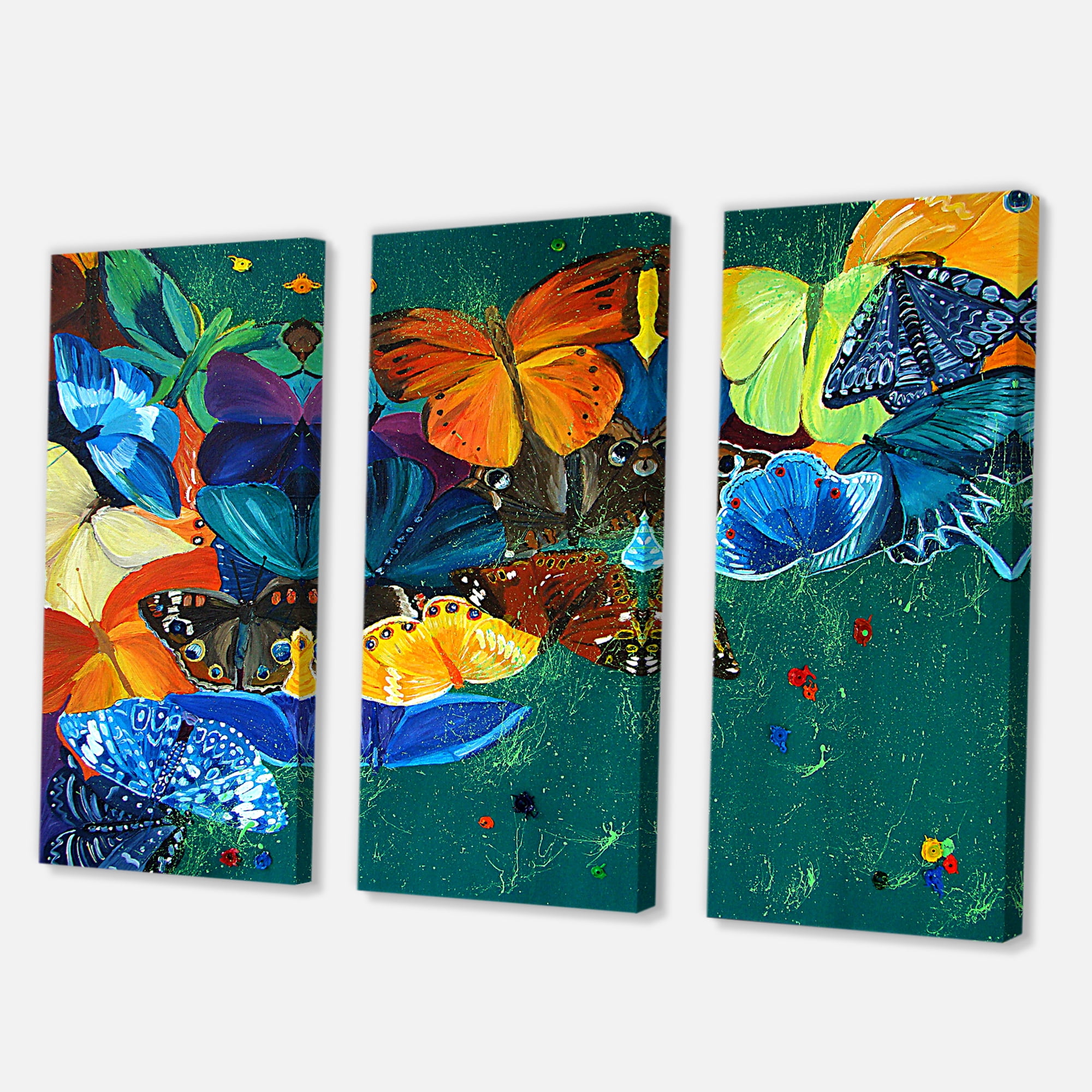 Designart ' Abstract Colour Butterflies On A Gree ' Modern Canvas Wall Art Print