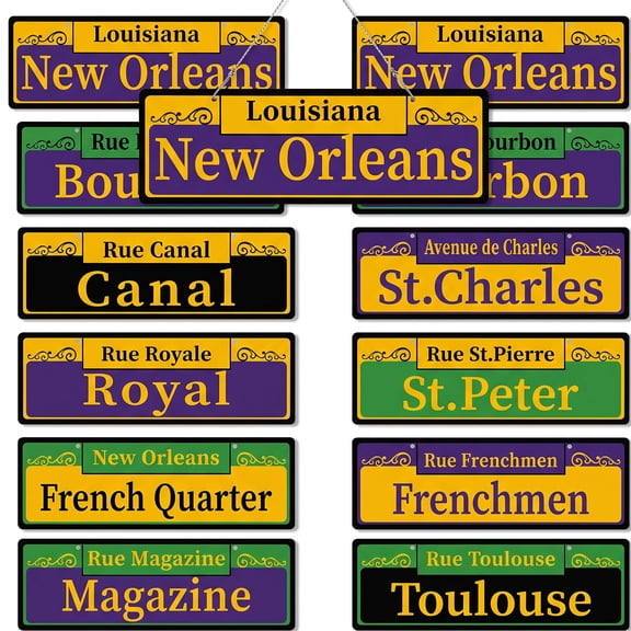 New Orleans Mardi Gras street signs,10PCS double sided printed PVC carnival decoions,hanging wall table decor,Mardi Gras masquerade birthday summer NOLA themed party supplies,12x4 inch