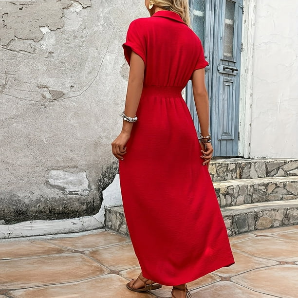 Kaemgyyd Button down Dress for Women Casual Loose Short Sleeve Maxi Dress  Solid Color Knot Tied Twisted Front Beach Long Dresses - Walmart Business  Supplies