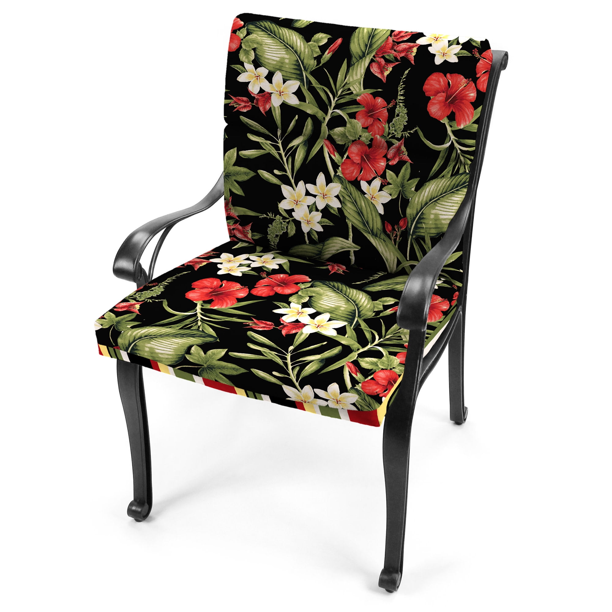 Jordan Manufacturing 44" x 22" Killian Rojo Multicolor Stripe and Capulet Rojo Black Floral Reversible Rectangular Outdoor Chair Cushion with Ties and Hanger Loop