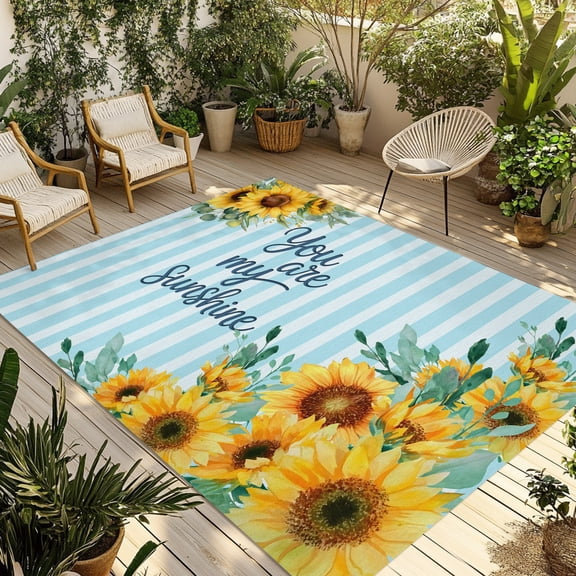 Spring Floral Outdoor Area Rug 3x5ft Decorative Indoor Outdoor Rug Watercolor Sunflowers Blue White Stripes Patio Area Rug for Porch, Deck, Balcony, Entryway, Camping & RV