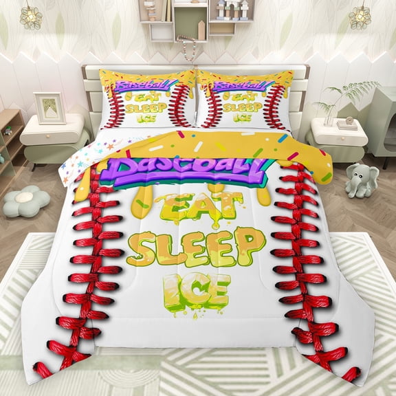 Feelyou Cartoon Birthday Party Bedding Comforter Set, Baseball Ice Hockey Twin Comforter Sets, Ball Sports Theme Reversible Bedding Set, Breathable Home Decor, 2-Piece