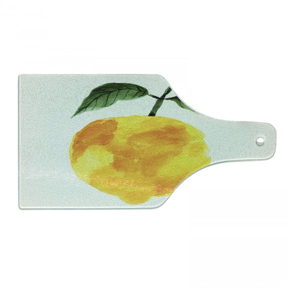 Yellow and Orange Cutting Board, Hand Drawn Lemon Watercolors Summer Organic Food Natural Product, Tempered Glass Cutting and Serving Board, Wine Bottle Shape, Yellow Orange Green, by Ambesonne