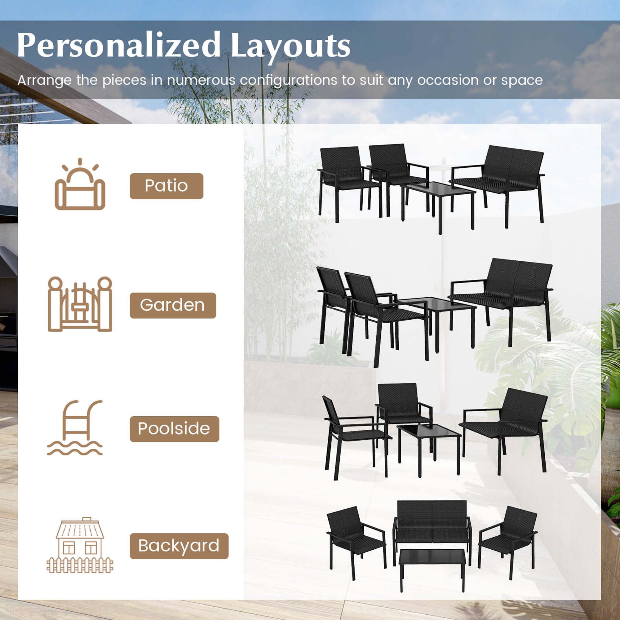 Costway 4 PCS Outdoor Wicker Patio Furniture Set w/ Heavy-Duty Galvanized Metal Frame Black