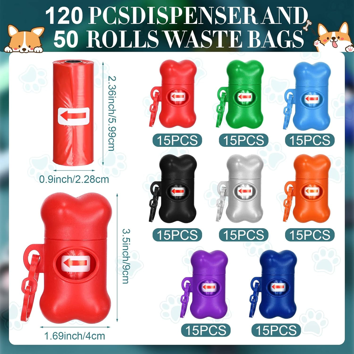 120 Pcs Bone Shaped Dog Poop Bag Dispensers with Disposal Small Dog Waste Bag Holder with Hook for Pet Puppy Walking Hiking Camping, 8 Colors