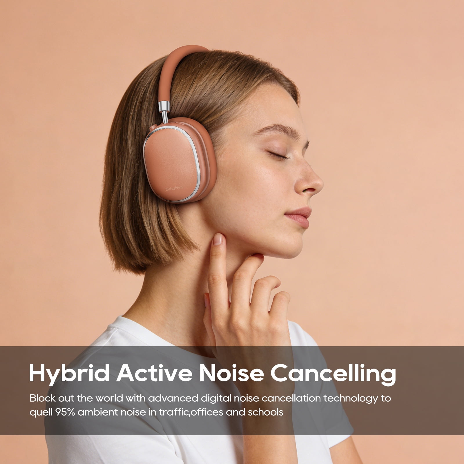 Srhythm NiceComfort 95 Adaptive Noise Cancelling Headphone Wireless, Blutooth Noise Canceling Headphone with Spatial Audio,Transparency,ENC,HD Sound,Low Latency,Rose Orange